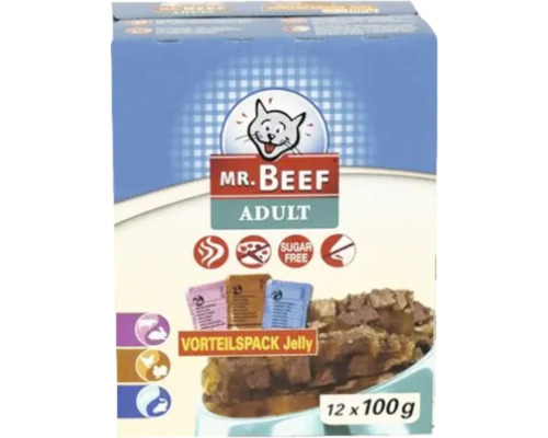 Mr. Beef Adult Katzenfutter im 12 mal 100 Gramm Vorteilspack Jelly