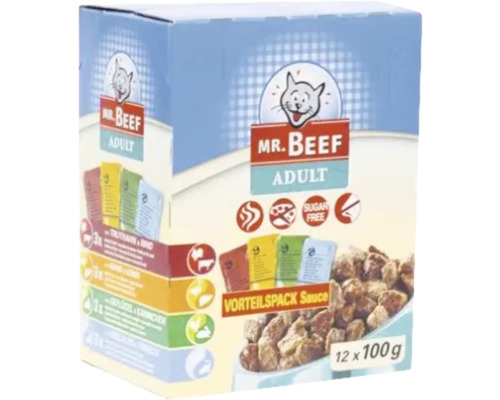 Mr. Beef Adult Katzenfutter Vorteilspackung Sauce 12 mal 100 Gramm