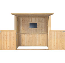 Offener Geräteschrank aus Holz mit Fenster