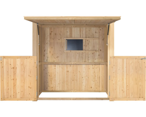 Offener Geräteschrank aus Holz mit Fenster