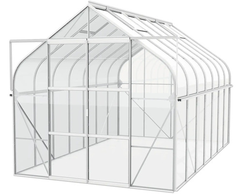 Gewächshaus mit geöffneter Tür.