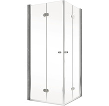 Eckdusche mit klaren Glastüren und silberfarbenen Beschlägen