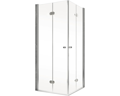 Eckdusche mit klaren Glastüren und silberfarbenen Beschlägen