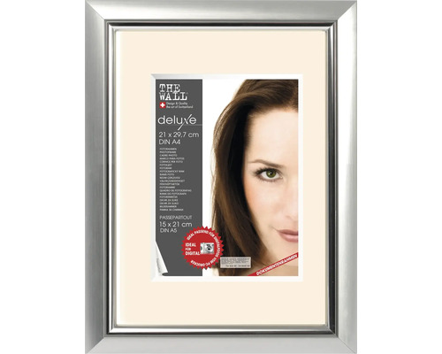 Bilderrahmen Kunststoff Deluxe silber metallic 21x29,7 cm (DIN A4) Bilderrahmen mit Passepartout, Format DIN A4 und DIN A5