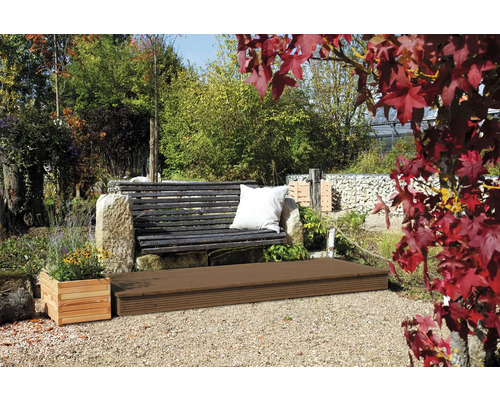 Gartenansicht mit Holzterrasse, Bank, Steingarten und bepflanztem Holzkasten