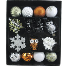 Verpackung mit verschiedenen Weihnachtskugeln und Anhängern in Form von Eule, Reh, Blatt und Schneeflocke