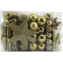 Verschiedene Christbaumkugeln und Christbaumspitze im Set
