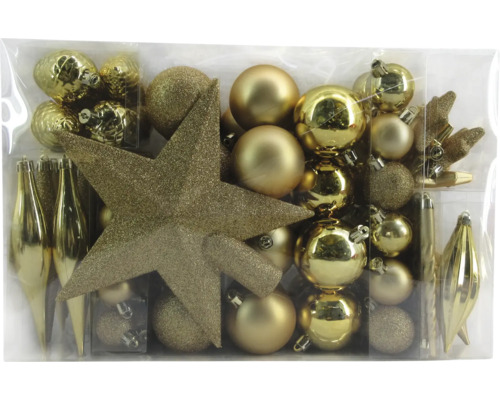 Verschiedene Christbaumkugeln und Christbaumspitze im Set