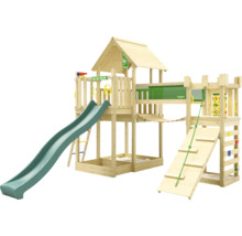 Spielturm aus Holz mit Rutsche, Kletterwand und Sandkasten