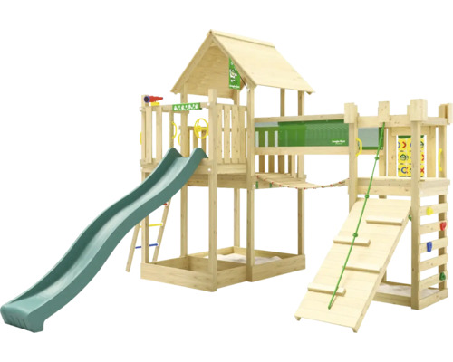 Spielturm aus Holz mit Rutsche, Kletterwand und Sandkasten