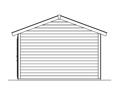 Illustration eines Gartenhauses mit Satteldach und horizontaler Holzverkleidung.