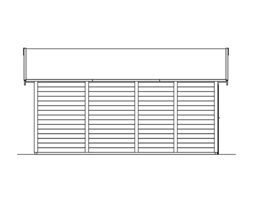 Abbildung eines Gartenhauses mit horizontaler Holzverkleidung und flachem Dach