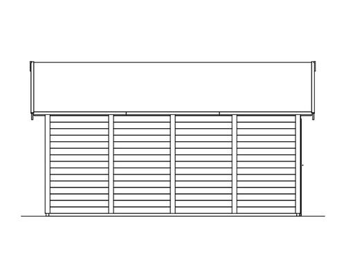 Ansicht eines Gartenhauses mit horizontaler Holzverkleidung und Dach