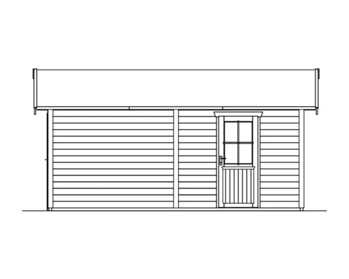 Draufsicht eines Gartenhauses mit Tür