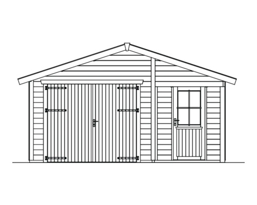 Illustration eines Gerätehauses mit Doppeltür und Seitentür