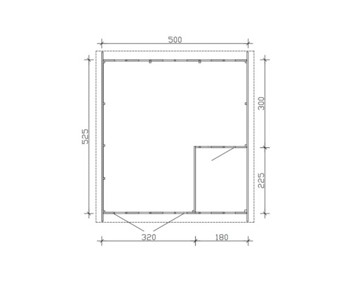 Grundrisszeichnung eines Gartenhauses mit angegebenen Maßen