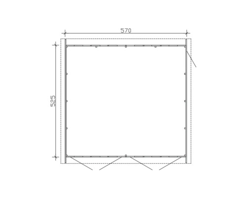 Technische Zeichnung eines Holzrahmens mit den Maßen 570 mal 525