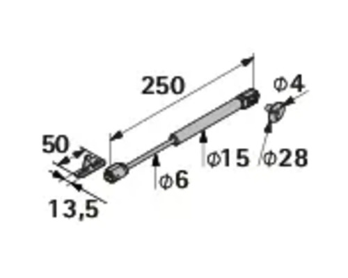 Technische Zeichnung eines Gasdruckdämpfers mit Maßangaben