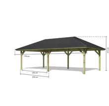 Illustration eines Holzcarports mit Abmessungen