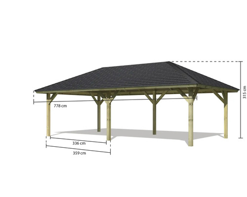 Illustration eines Holzcarports mit Abmessungen