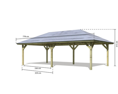 Abbildung eines Holzpavillons mit den Maßen 778 cm Breite, 315 cm Höhe und 359 cm Tiefe