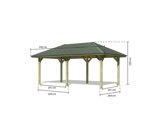 Holzpavillon mit Dach und Maßangaben