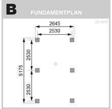 Fundamentplan mit Maßangaben in Millimetern