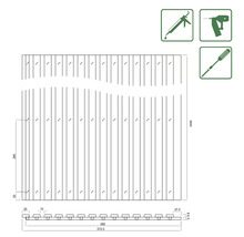 Technische Zeichnung eines Sichtschutzzauns mit Maßangaben und Symbolen für Werkzeuge