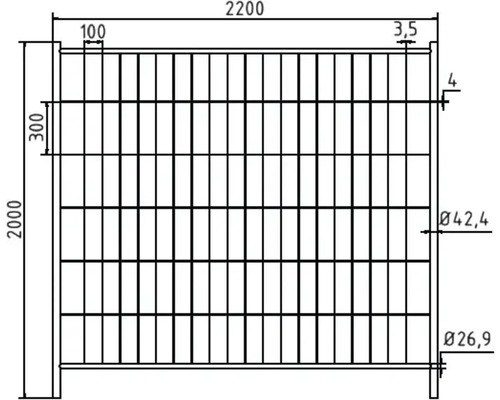 Technische Zeichnung eines Metallzauns mit Maßangaben