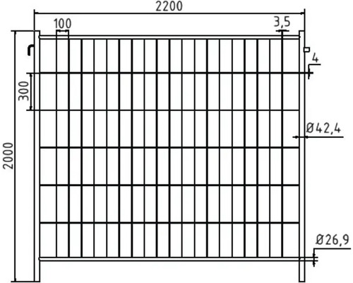 Technische Zeichnung eines Zaunelements mit Maßangaben