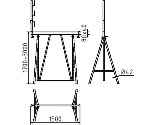 Technische Zeichnung eines verstellbaren Gerüstbocks mit Maßangaben