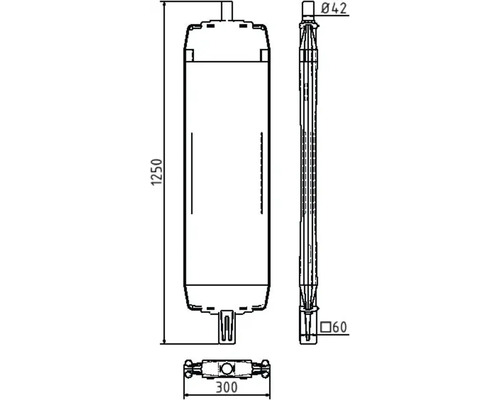 Technische Zeichnung eines Warmwasserspeichers mit Maßangaben