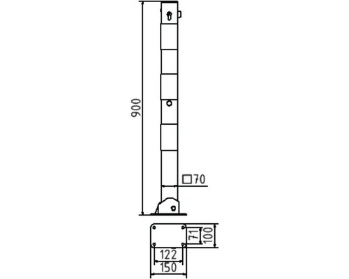 Technische Zeichnung eines Absperrpfostens mit Maßangaben
