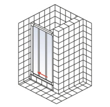 Illustration einer Duschkabine mit Schiebetür in einer gefliessten Ecke