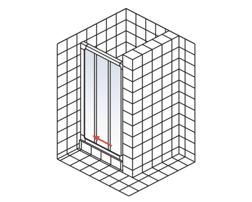 Illustration einer Duschkabine mit Schiebetür in einer gefliessten Ecke
