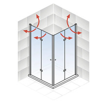 Eckdusche mit roten Pfeilen zur Darstellung der Abdichtung