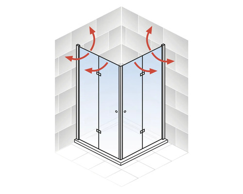 Eckdusche mit roten Pfeilen zur Darstellung der Abdichtung