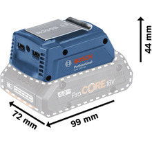 Bosch GAA 18V-48 Akku-Adapter mit USB-Anschlüssen und den Maßen 99 mm x 72 mm x 44 mm