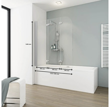 Badewanne mit Duschwand und Maßangaben