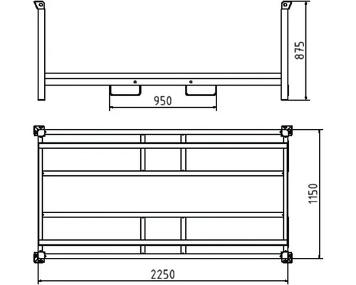 Technische Zeichnung eines Schwerlastregals mit Maßangaben