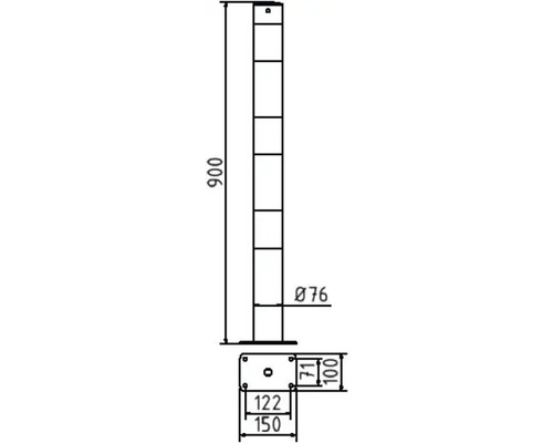 Technische Zeichnung eines Absperrpfostens mit Maßangaben.