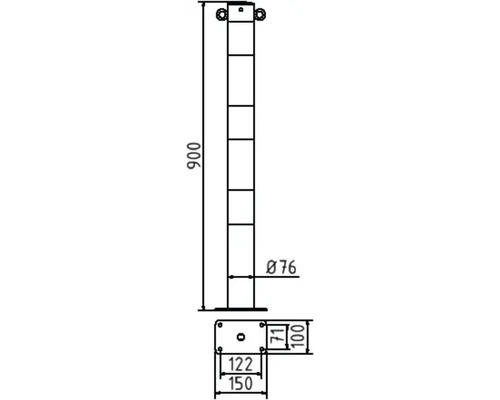 Technische Zeichnung eines Absperrpfostens mit Maßangaben