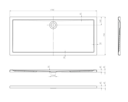 Technische Zeichnung einer Duschwanne mit Maßangaben.