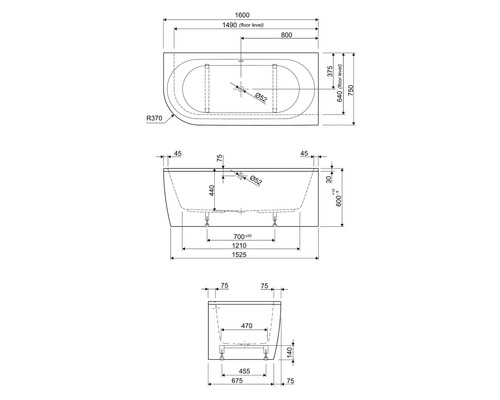Technische Zeichnung einer Badewanne mit Maßangaben