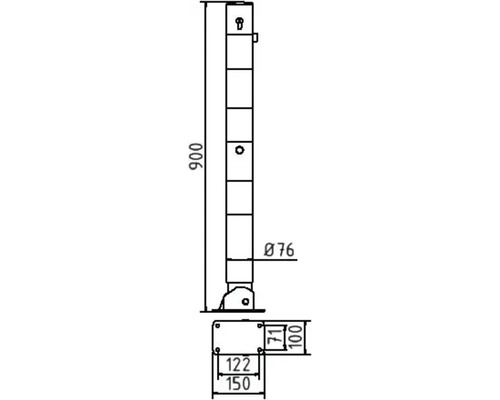 Technische Zeichnung eines Sperrpfostens mit Maßen