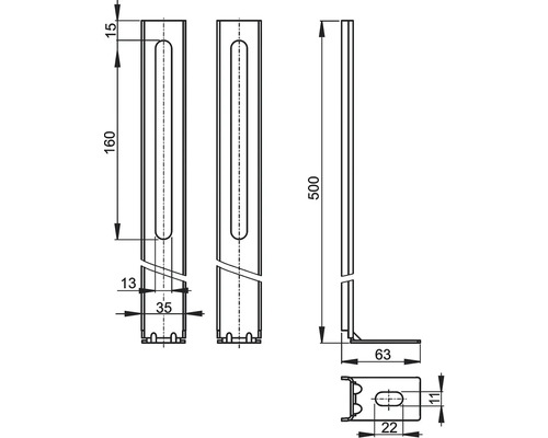 Technische Zeichnung eines Montagewinkels mit Maßangaben
