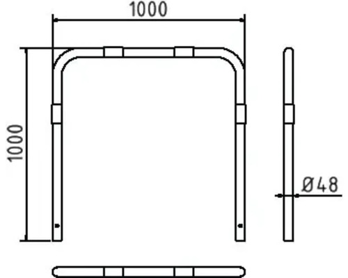 Technische Zeichnung eines Anlehnbügels mit den Maßen 1000 x 1000 mm und einem Durchmesser von 48 mm.
