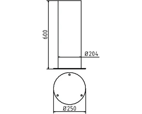 Technische Zeichnung eines zylindrischen Produkts mit Höhenangabe 600 und Durchmessern 204 und 250