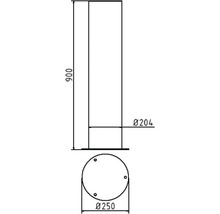 Technische Zeichnung eines Zylinders mit den Maßen 900 mm Höhe, 204 mm oberer Durchmesser und 250 mm unterer Durchmesser.