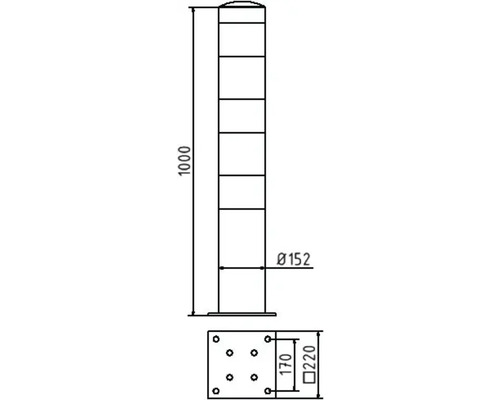 Technische Zeichnung eines Absperrpfostens mit Maßangaben